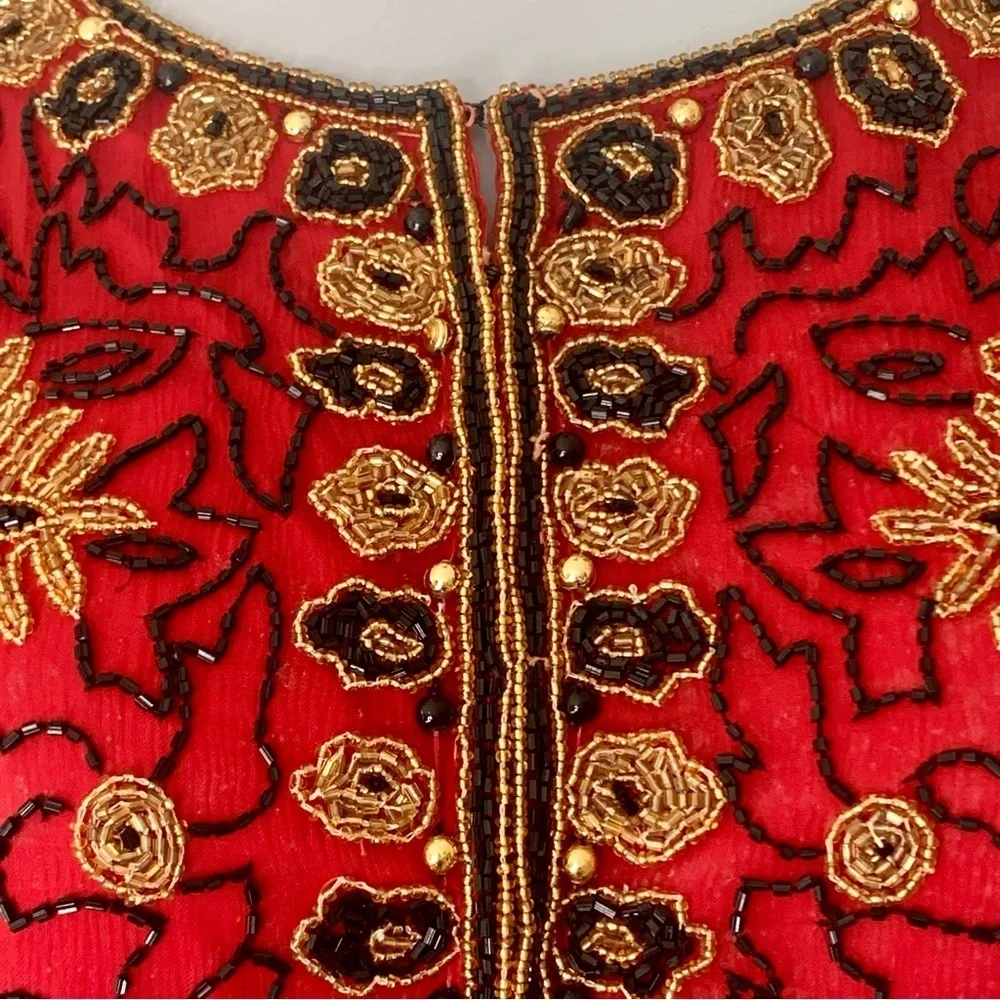 Adrianna Papell Boutique Evening Jacket Vintage 90’s Silk Beaded Red Gold 12 - Picture 4 of 16